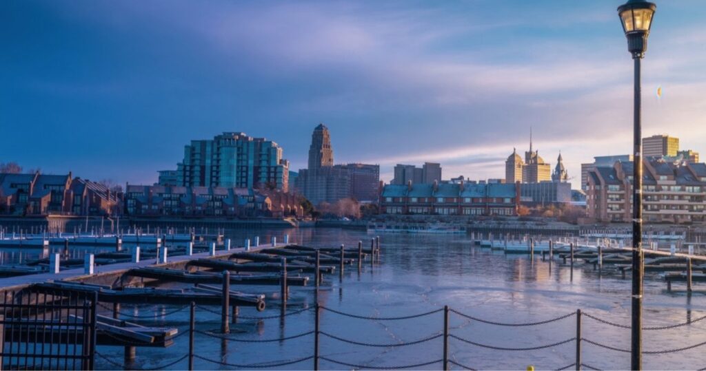 the harbor in buffalo, ny at sunset