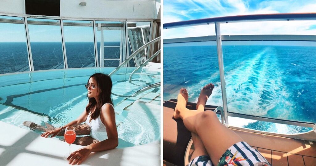 Serviços que os turistas supõem que a maioria dos cruzeiros oferece, mas não oferecem 2 a girl in the pool on a cruise, a passenger lounges on the back of a cruise ship