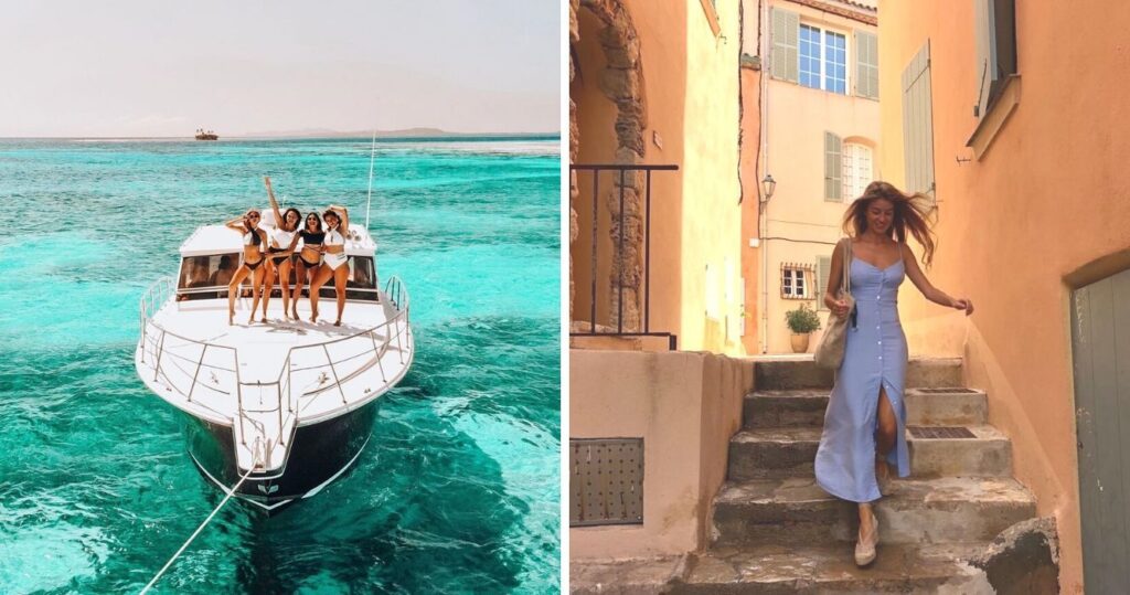 Four women posing on a yacht in Cannes/Woman walking down stairs on a street in St Tropez