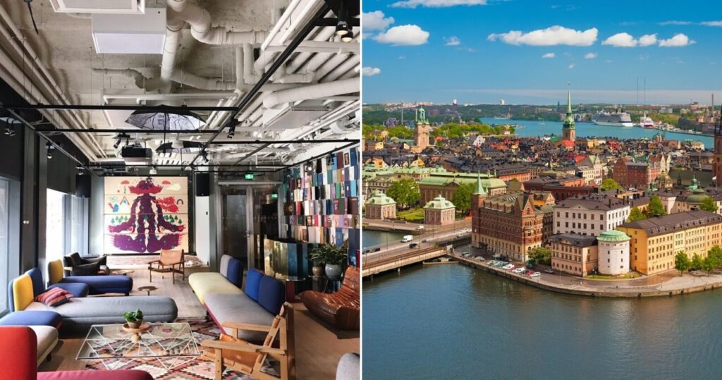 Um guia de viagem para Estocolmo: 11 coisas a saber ao planejar sua viagem 2 Colorful couches and art on display at Hej Hej Hobo Hotel inStockholm/ buildings of Norrmalm district by the water