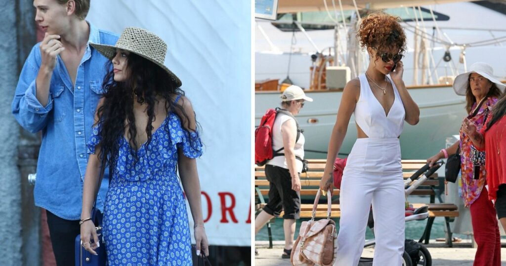 Austin Butler and Vanessa Hudgens walking in Portofino Italy/Rihanna near a boat in Italy