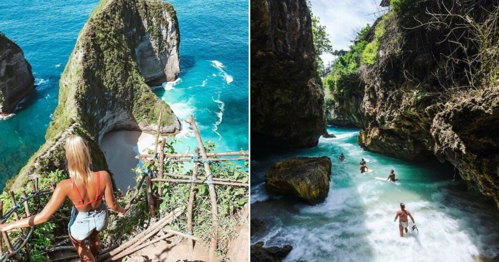 A female backpacker at a look out on Nusa Penida Island off Bali, tourists on a hidden beach in Uluwatu