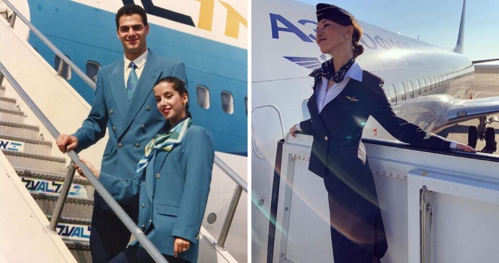 15 maneiras de ser um comissário de bordo mudou desde a década de 1990 2 Two flight attendants circa 1990/Flight attendant outside airplane