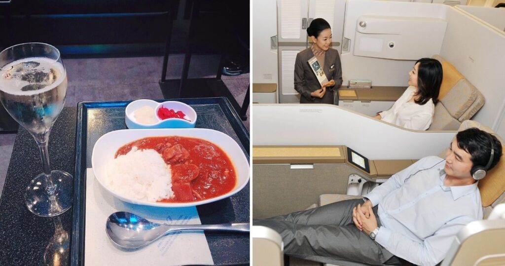 Por que a Skytrax classifica essas companhias aéreas como as mais altas 3 passengers on asiana airlines recline in their seats, a meal served on asiana airlines