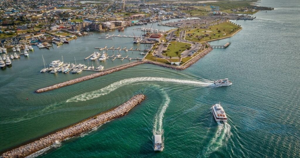 an aerial view of the harbor in port aransas