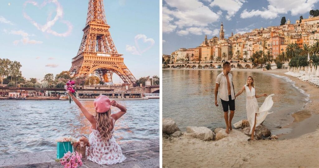 Um guia de viagem para a França: 11 coisas a saber ao planejar sua viagem 2 a girl sits in front of the Eiffel tower with flowers, a couple walks along the beach in france