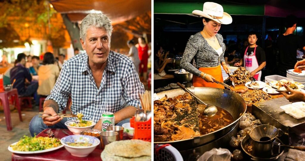 Anthony Bourdain eating/Woman in a cowboy hat making food in Thailand
