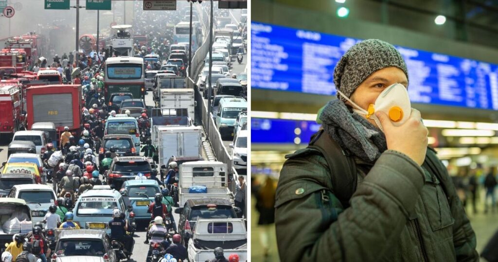 Visitando Bangkok: 12 erros de novatos que viajantes de primeira viagem costumam cometer 15 Traffic backed up in Bangkok/Traveler wearing a face mask at an airport
