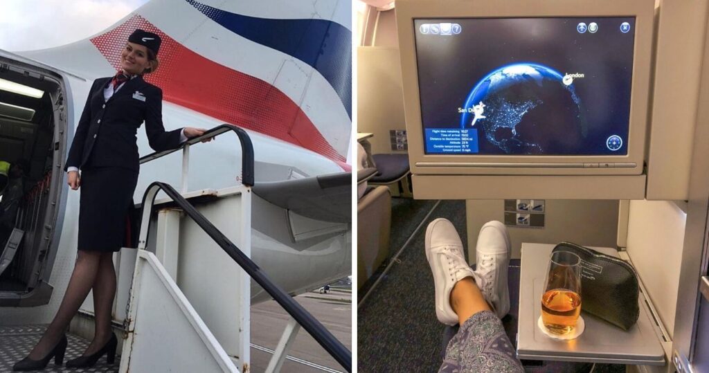 20 fotos reais de passageiros da British Airways (isso lhe dará uma ideia clara do que esperar) 9 British Airways flight attendant boarding the plane/passenger's feet and screen in first-class seating